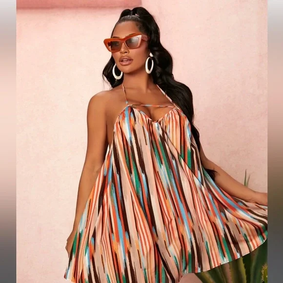 Shein Dresses | Block Striped Cut Out Tie Backless Halter Dress | Color: Red/Tan | Size: L | Ruescloset's Closet